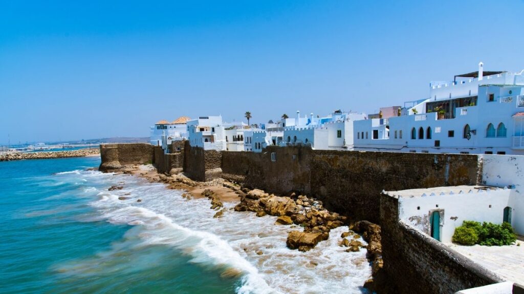 Asilah coastal town and whitewashed medina Morocco.